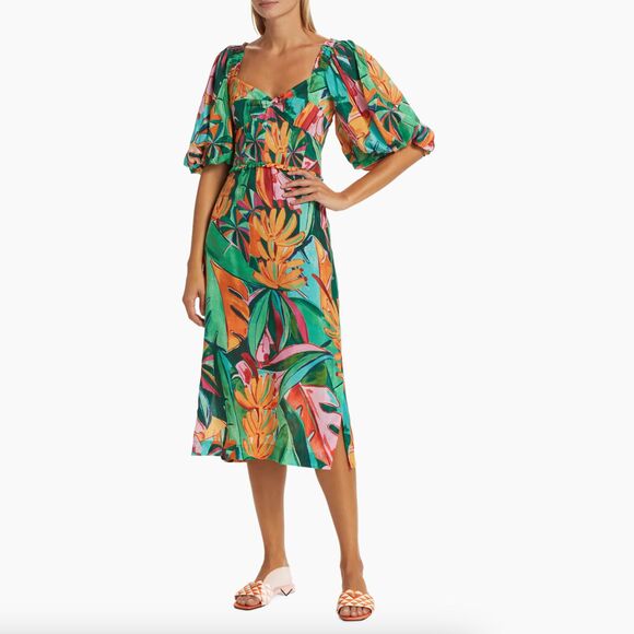 NWT Farm Rio Banana Foliage Puff-Sleeve Cotton Voile Midi-Dress - Large - Picture 2 of 16